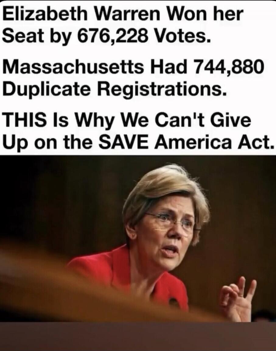 Elizabeth Warren Won her Seat by 676,228 Votes. Massachusetts Had 744,880 Duplicate Registrations. THIS Is Why We Can't Give Up on the SAVE America Act.