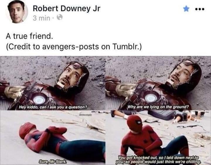 Robert Downey Jr W oeee A true friend Credit to avengers posts on Tumblr