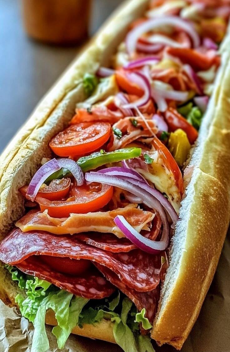 A long submarine sandwich filled with lettuce, tomato slices, red onion rings, green peppers, and an assortment of deli meats (such as ham and salami), with melted cheese and possibly a drizzle of sauce.