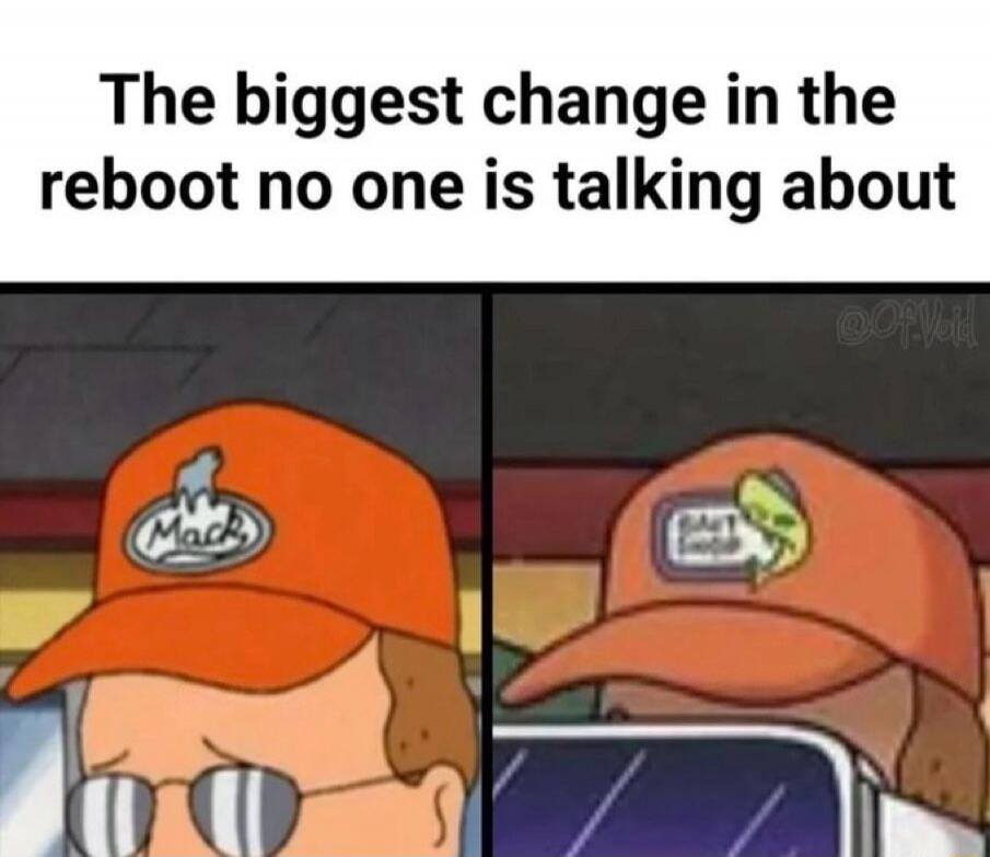 The biggest change in the reboot no one is talking about. The image shows two panels. On the left, a cartoon character, resembling Hank Hill, wears an orange cap with a 'Mack' logo. On the right, the same character wears an orange cap with a 'Bait Shop' logo featuring a fish.