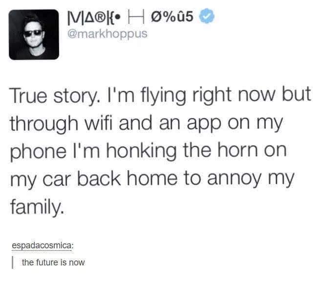 VIAHe H a5 markhoppus True story Im flying right now but through wifi and an app on my phone Im honking the horn on my car back home to annoy my family espadacosmica the future is now