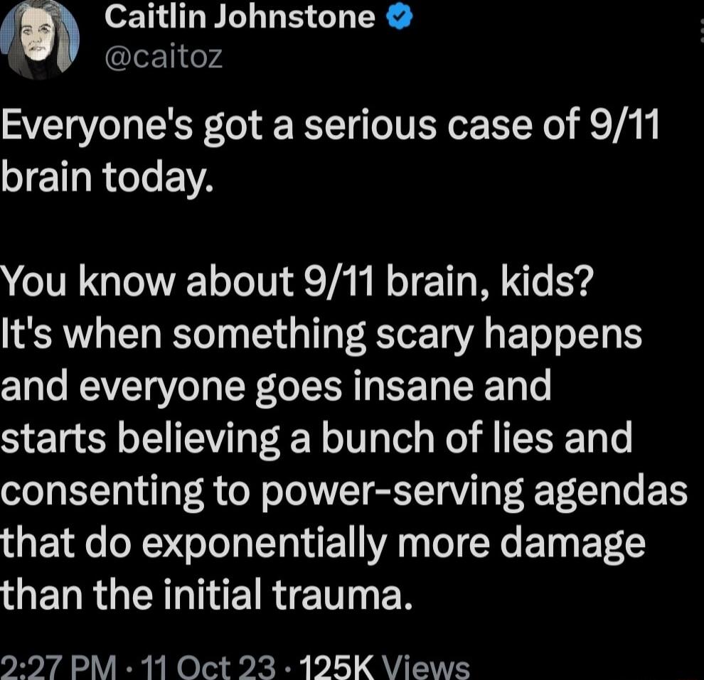 P Caitlin Johnstone caitoz Everyones got a serious case of 911 JJEREVA You know about 911 brain kids Its when something scary happens and everyone goes insane and starts believing a bunch of lies and consenting to power serving agendas that do exponentially more damage OENRGENGTEIRVETT N 297 PM 11 Oct 23 125K Views