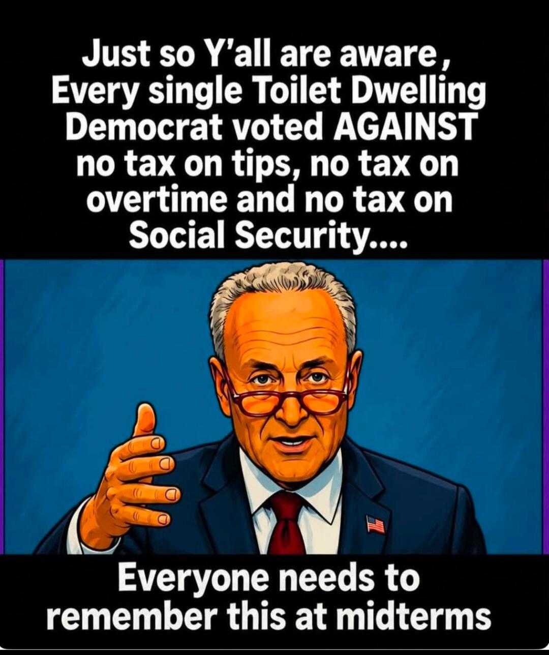 Just so Y'all are aware, Every single Toilet Dwelling Democrat voted AGAINST no tax on tips, no tax on overtime and no tax on Social Security.... Everyone needs to remember this at midterms