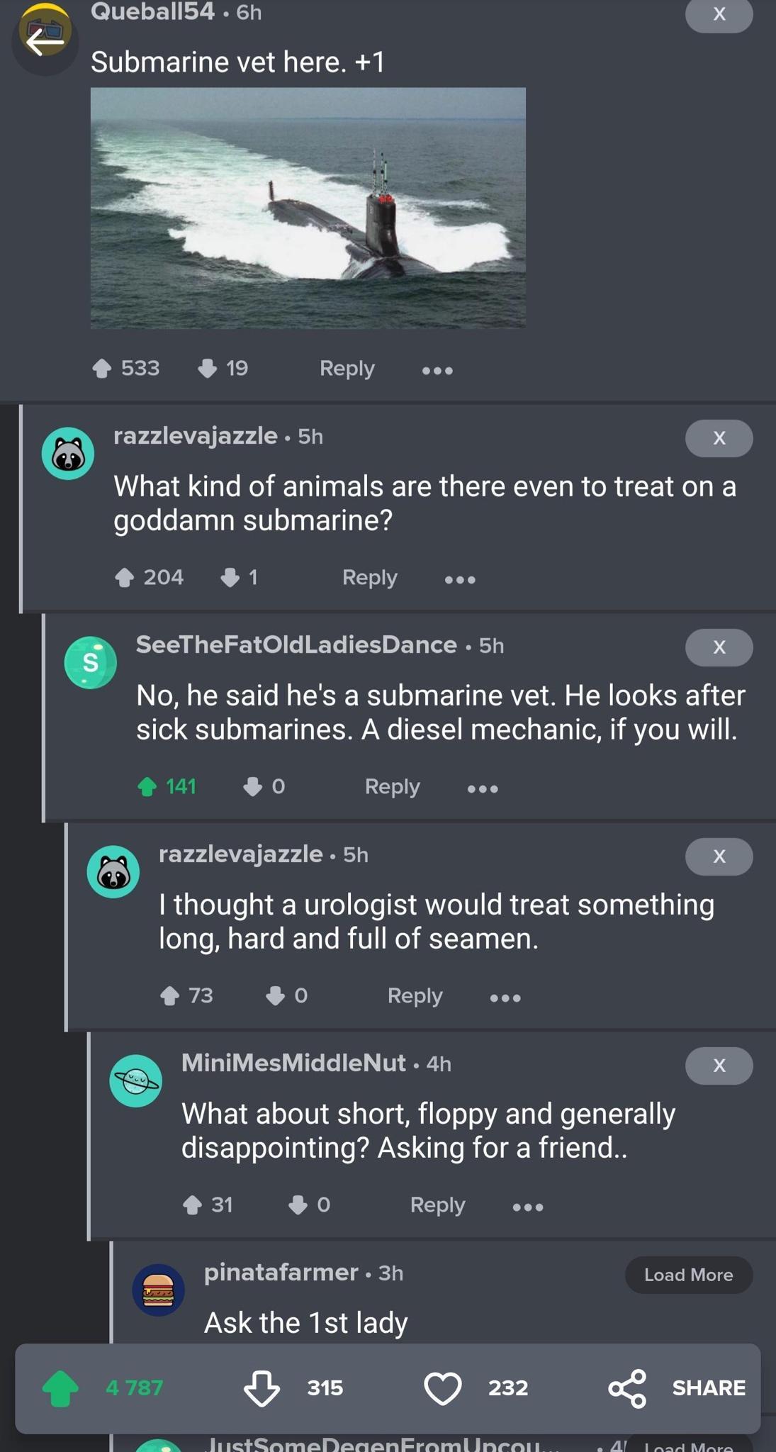 Z Queball54 6h Submarine vet here 1 ek 19 Reply XY CYAVETE 74 b What kind of animals are there even to treat on a goddamn submarine 204 1 Reply eoe SeeTheFatOldLadiesDance 5h X No he said hes a submarine vet He looks after sick submarines A diesel mechanic if you will 2141 0 Reply eee EY 74 VETEY 74 P thought a urologist would treat something long hard and full of seamen Vi 0 Reply oo MiniMesMiddl