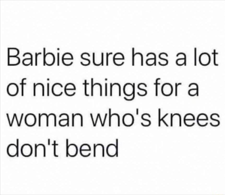 Barbie sure has a lot of nice things for a woman whos knees dont bend