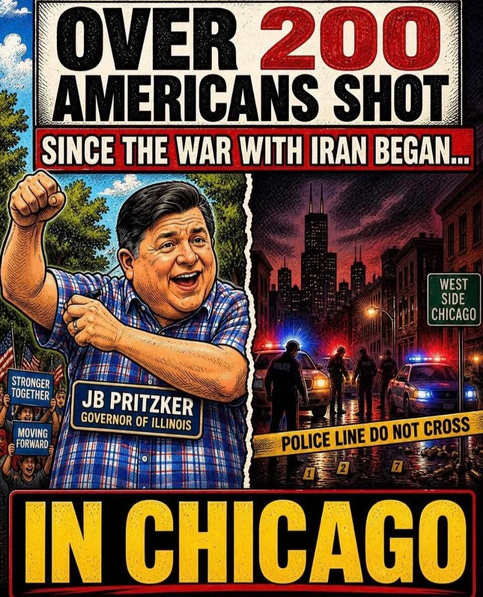 OVER 200 AMERICANS SHOT SINCE THE WAR WITH IRAN BEGAN... JB PRITZKER GOVERNOR OF ILLINOIS STRONGER TOGETHER MOVING FORWARD WEST SIDE CHICAGO POLICE LINE DO NOT CROSS IN CHICAGO