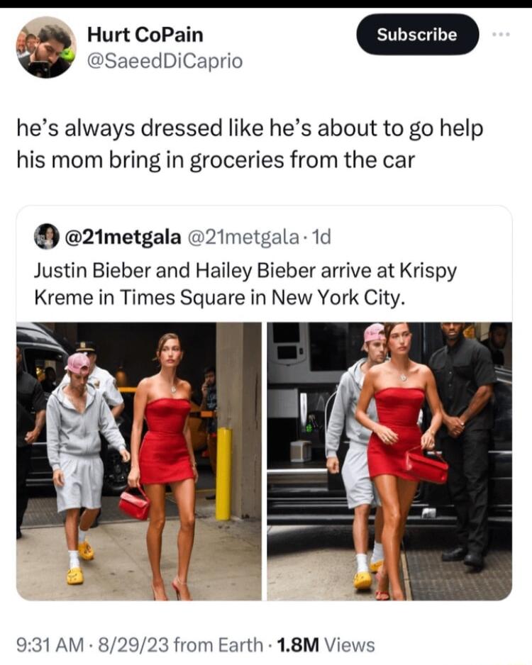 SaeedDiCaprio hes always dressed like hes about to go help his mom bring in groceries from the car 21metgala 21metgala 1d Justin Bieber and Hailey Bieber arrive at Krispy Kreme in Times Square in New York City 931 AM 82923 from Earth 18M Views