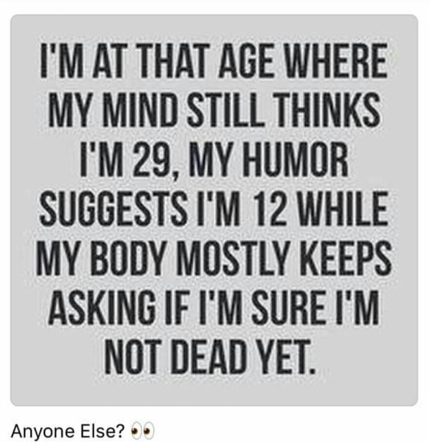 IM AT THAT AGE WHERE MY MIND STILL THINKS IM 29 MY HUMOR SUGGESTS IM 12 WHILE MY BODY MOSTLY KEEPS ASKING IF IM SURE IM NOT DEAD YET Anyone Else