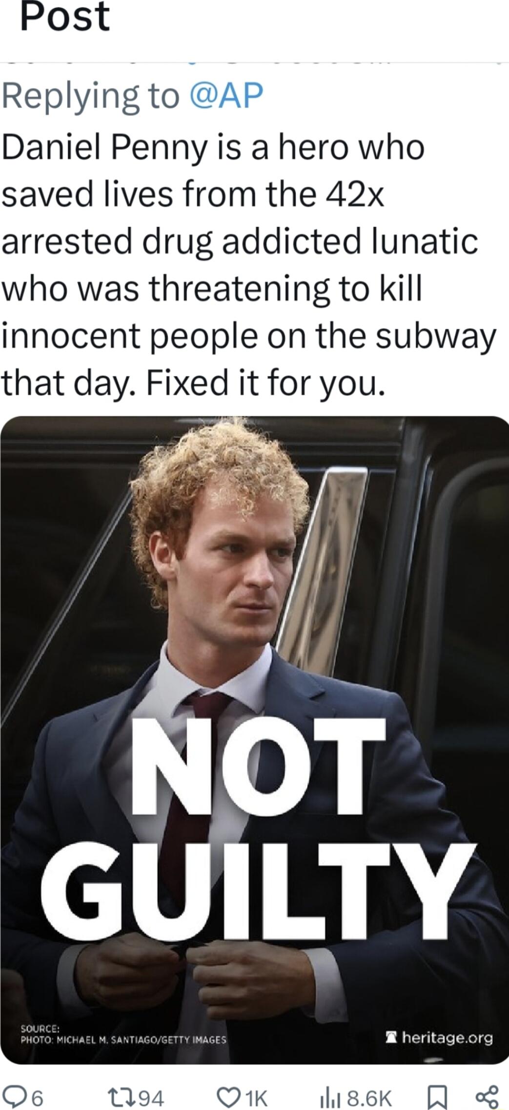Replying to Daniel Penny is a hero who saved lives from the 42x arrested drug addicted lunatic who was threatening to kill innocent people on the subway that day Fixed it for you 0 0 Th