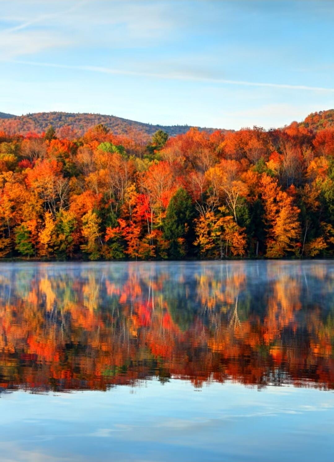 Autumn forest with vibrant orange, red, and yellow leaves reflected on a calm lake.
