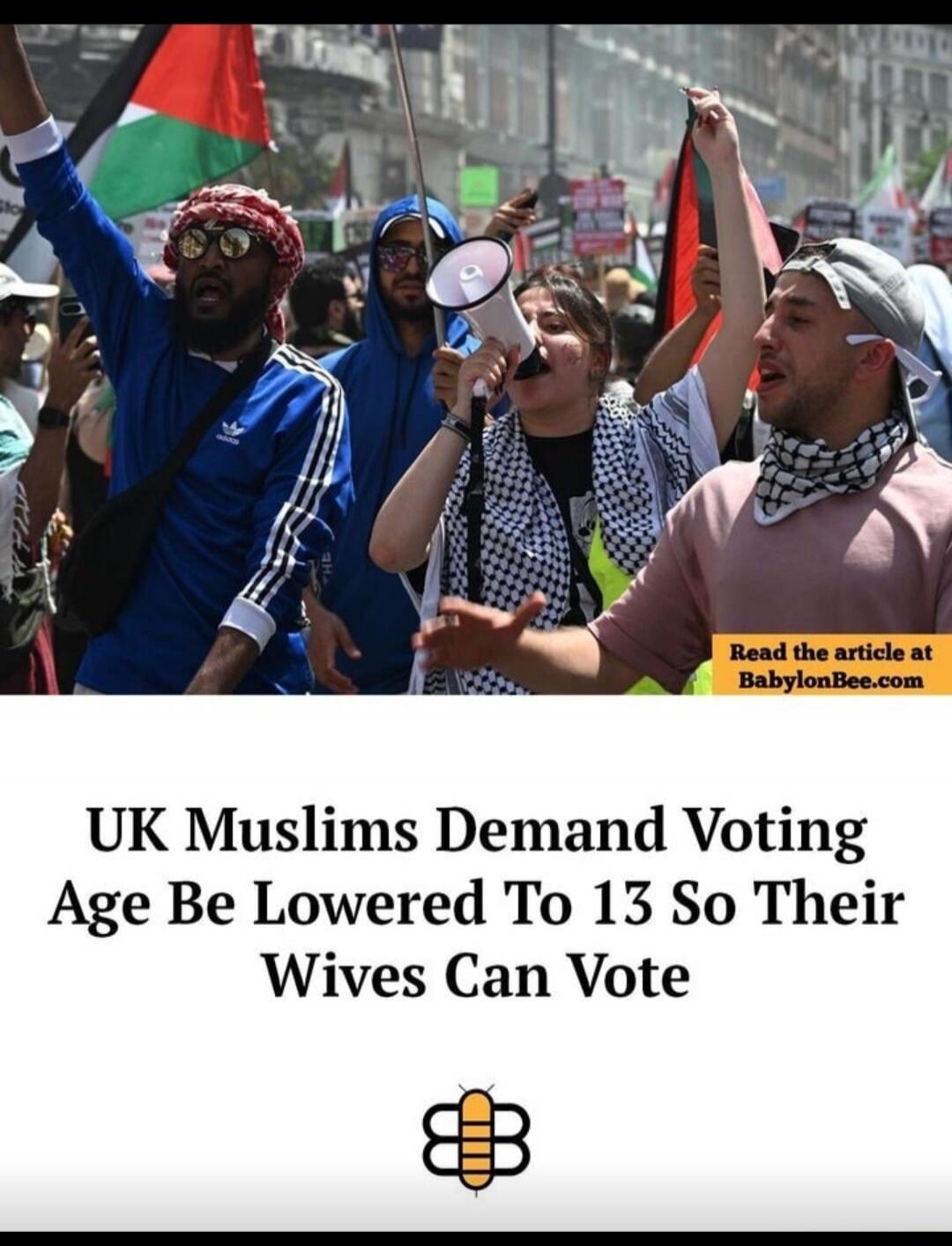 Read the article at BabylonBee.com UK Muslims Demand Voting Age Be Lowered To 13 So Their Wives Can Vote