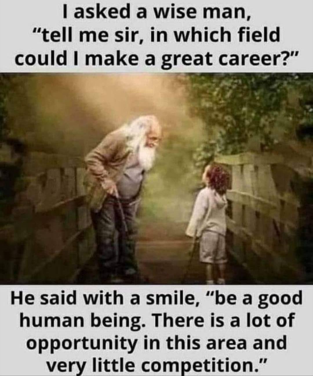 asked a wise man tell me sir in which field could make a great career He said with a smile be a good human being There is a lot of opportunity in this area and little competition