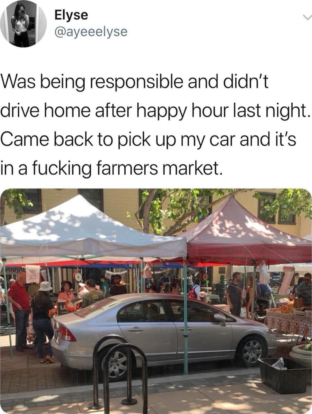 Elyse ayeeelyse Was being responsible and didnt drive home after happy hour last nigh Came back to pick up my car and its in a fucking farmers market