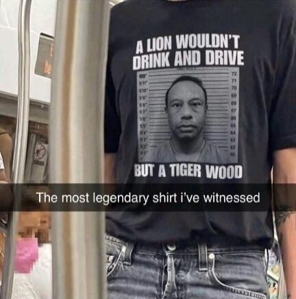 A lion wouldn't drink and drive but a Tiger Wood. The most legendary shirt I've witnessed.