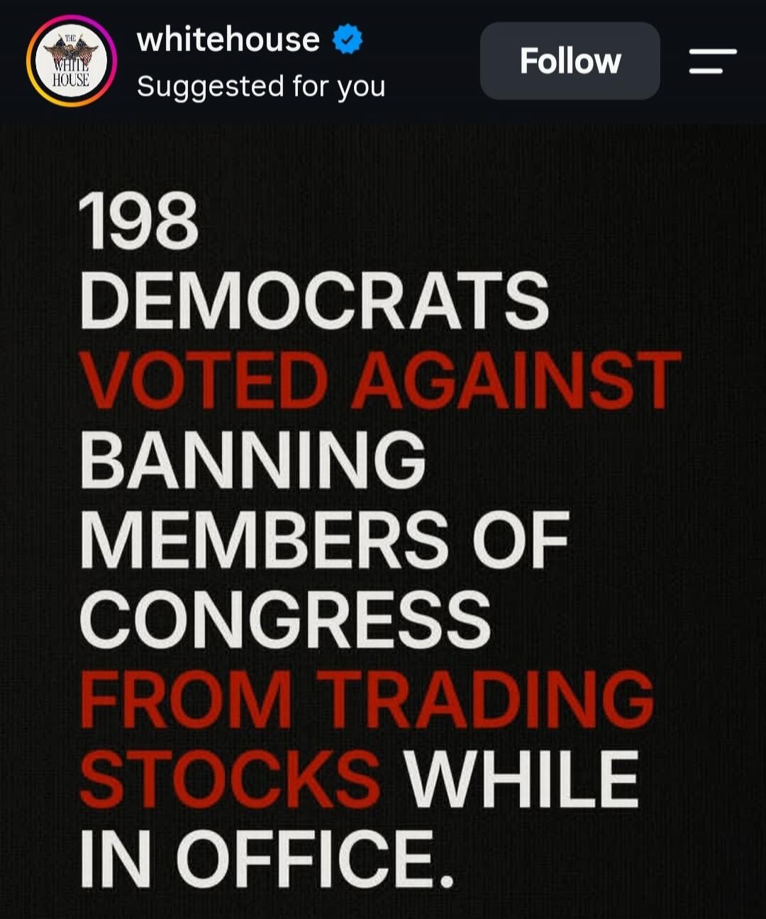 198 DEMOCRATS VOTED AGAINST BANNING MEMBERS OF CONGRESS FROM TRADING STOCKS WHILE IN OFFICE.