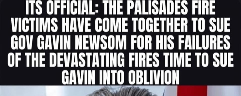 ITS OFFICIAL: THE PALISADES FIRE VICTIMS HAVE COME TOGETHER TO SUE GOV GAVIN NEWSOM FOR HIS FAILURES OF THE DEVASTATING FIRES TIME TO SUE GAVIN INTO OBLIVION
Session ID: 1003446.
