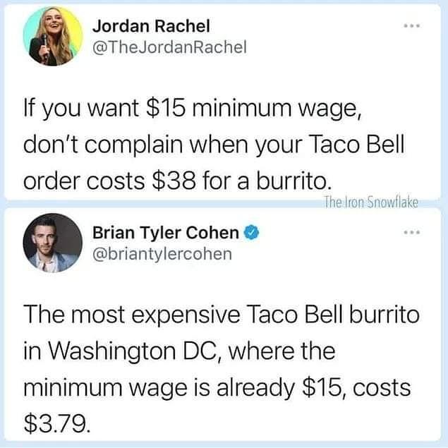 Jordan Rachel ThedJordanRachel If you want 15 minimum wage dont complain when your Taco Bell order costs 38 for a burrito Ihelron Snowilake Brian Tyler Cohen 4 briantylercohen The most expensive Taco Bell burrito in Washington DC where the minimum wage is already 15 costs 379