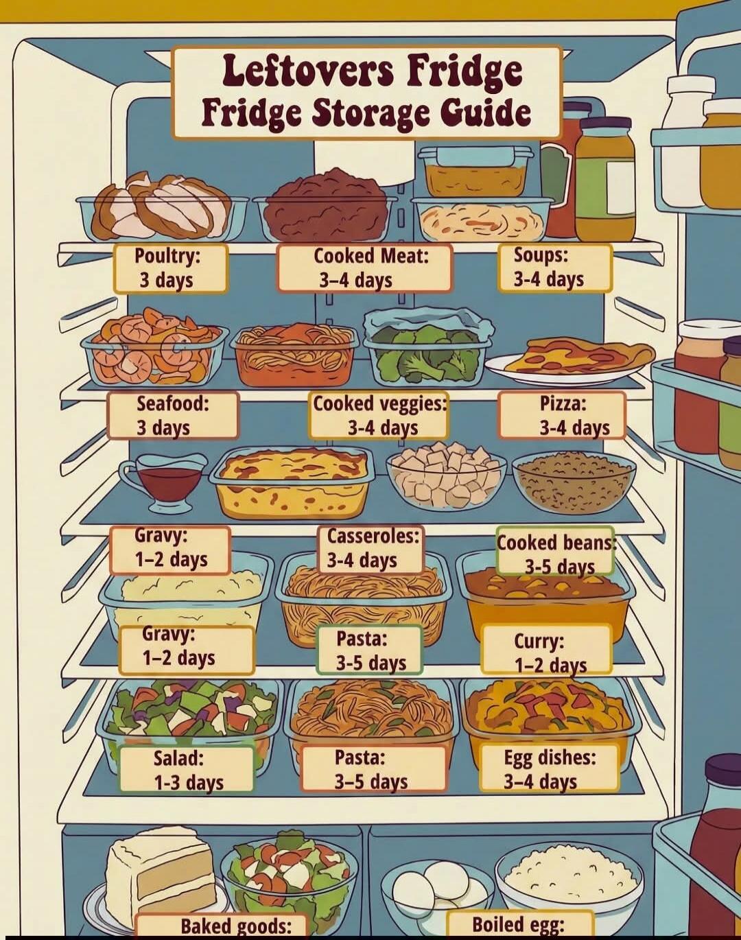 Leftovers Fridge Fridge Storage Guide. Poultry: 3 days. Cooked Meat: 3-4 days. Soups: 3-4 days. Seafood: 3 days. Cooked veggies: 3-4 days. Pizza: 3-4 days. Gravy: 1-2 days. Casseroles: 3-4 days. Cooked beans: 3-5 days. Pasta: 3-5 days. Curry: 1-2 days. Salad: 1-3 days. Egg dishes: 3-4 days. Baked goods. Boiled egg.