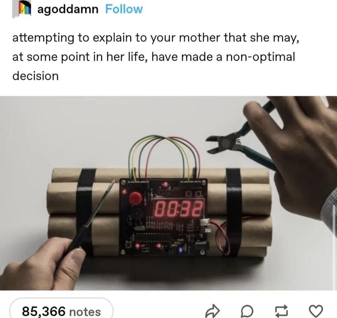 M agoddamn Follow attempting to explain to your mother that she may at some point in her life have made a non optimal decision 85366 notes a2 D o O