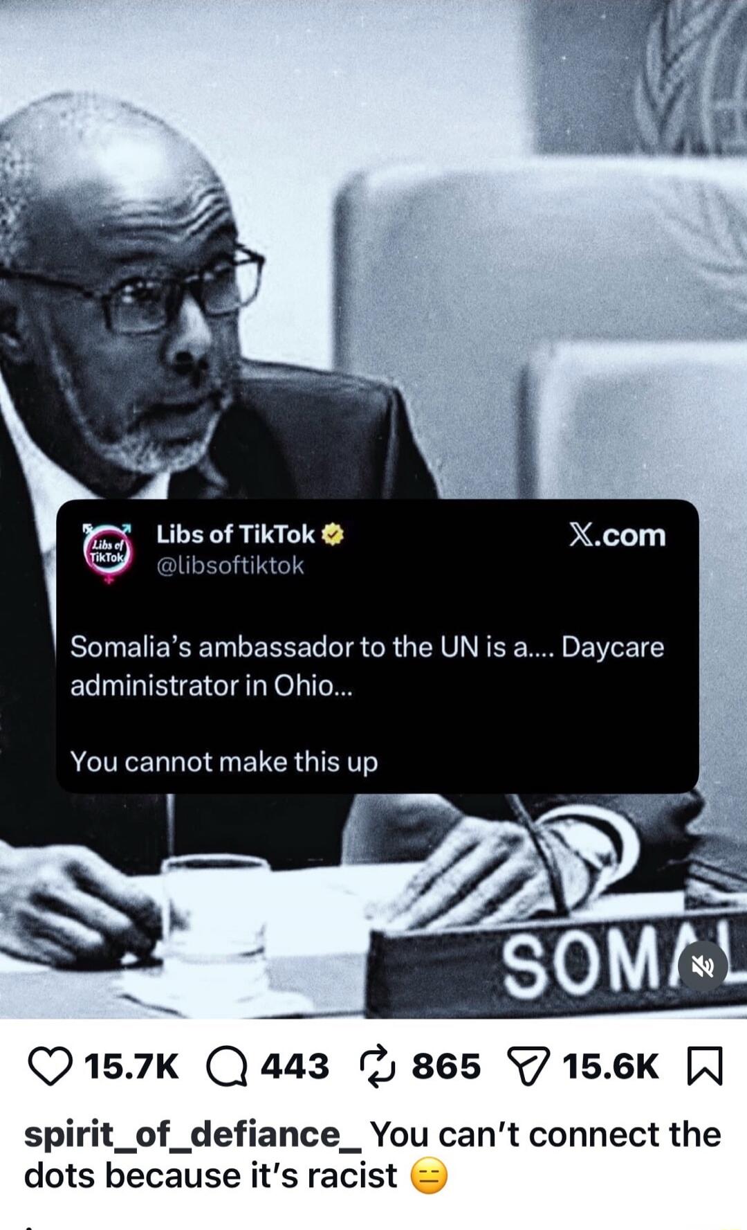 Somalia’s ambassador to the UN is a... Daycare administrator in Ohio... You cannot make this up

spirit_of_defiance_ You can’t connect the dots because it’s racist 😒