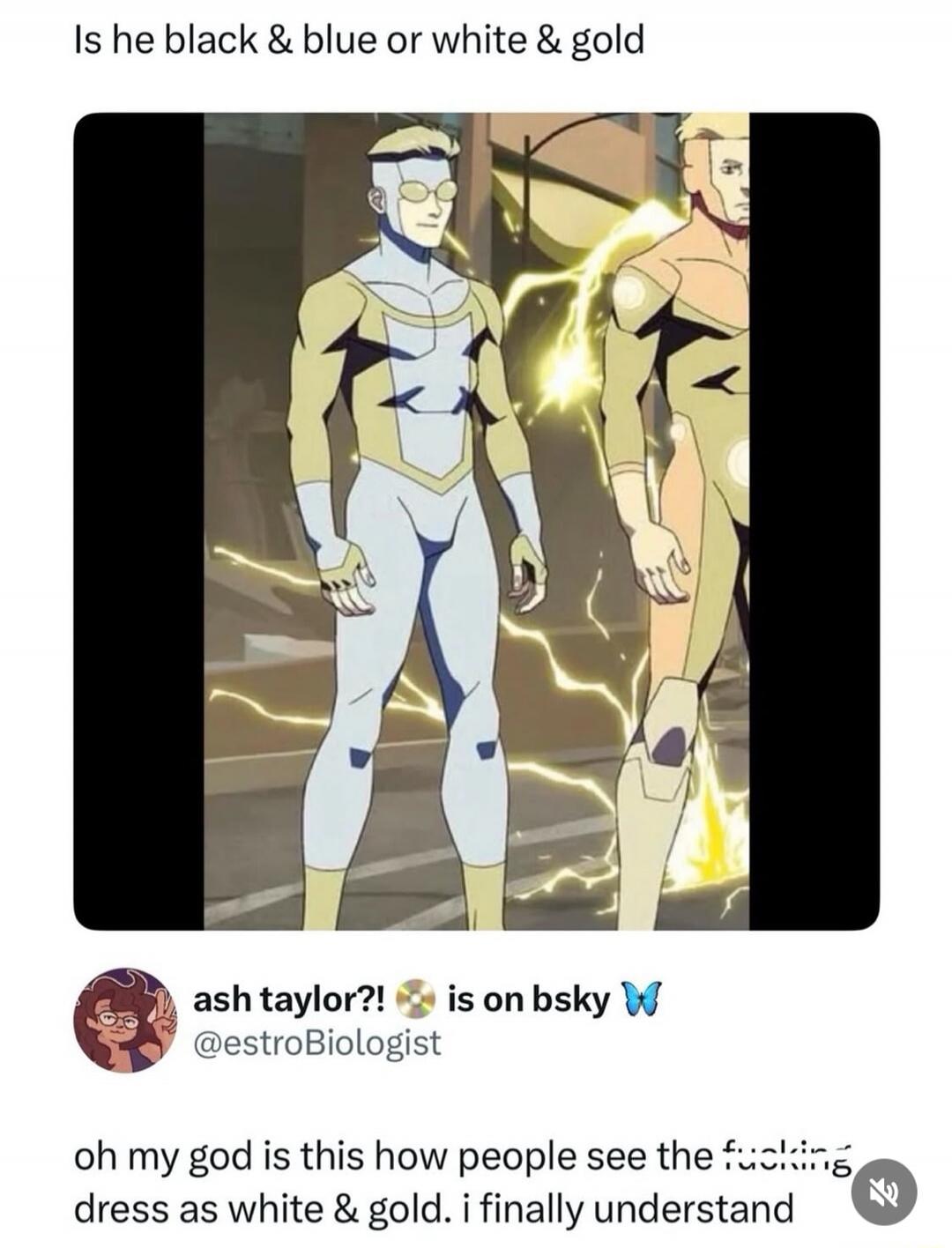 Is he black & blue or white & gold ash taylor?! is on bsky oh my god is this how people see the fucking dress as white & gold. i finally understand
