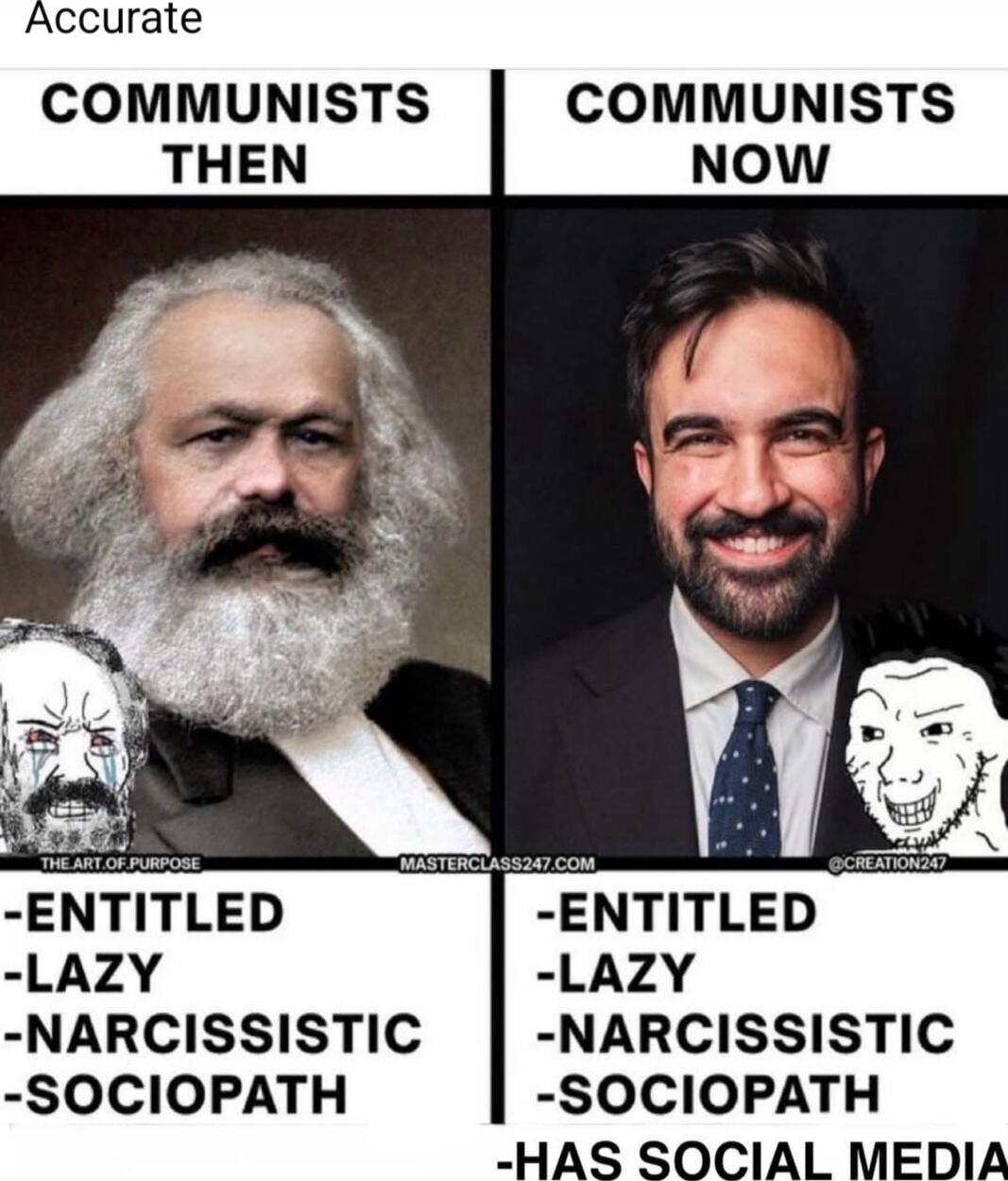 ACCURATE
COMMUNISTS THEN
-ENTITLED
-LAZY
-NARCISSISTIC
-SOCIOPATH
COMMUNISTS NOW
-ENTITLED
-LAZY
-NARCISSISTIC
-SOCIOPATH
-HAS SOCIAL MEDIA