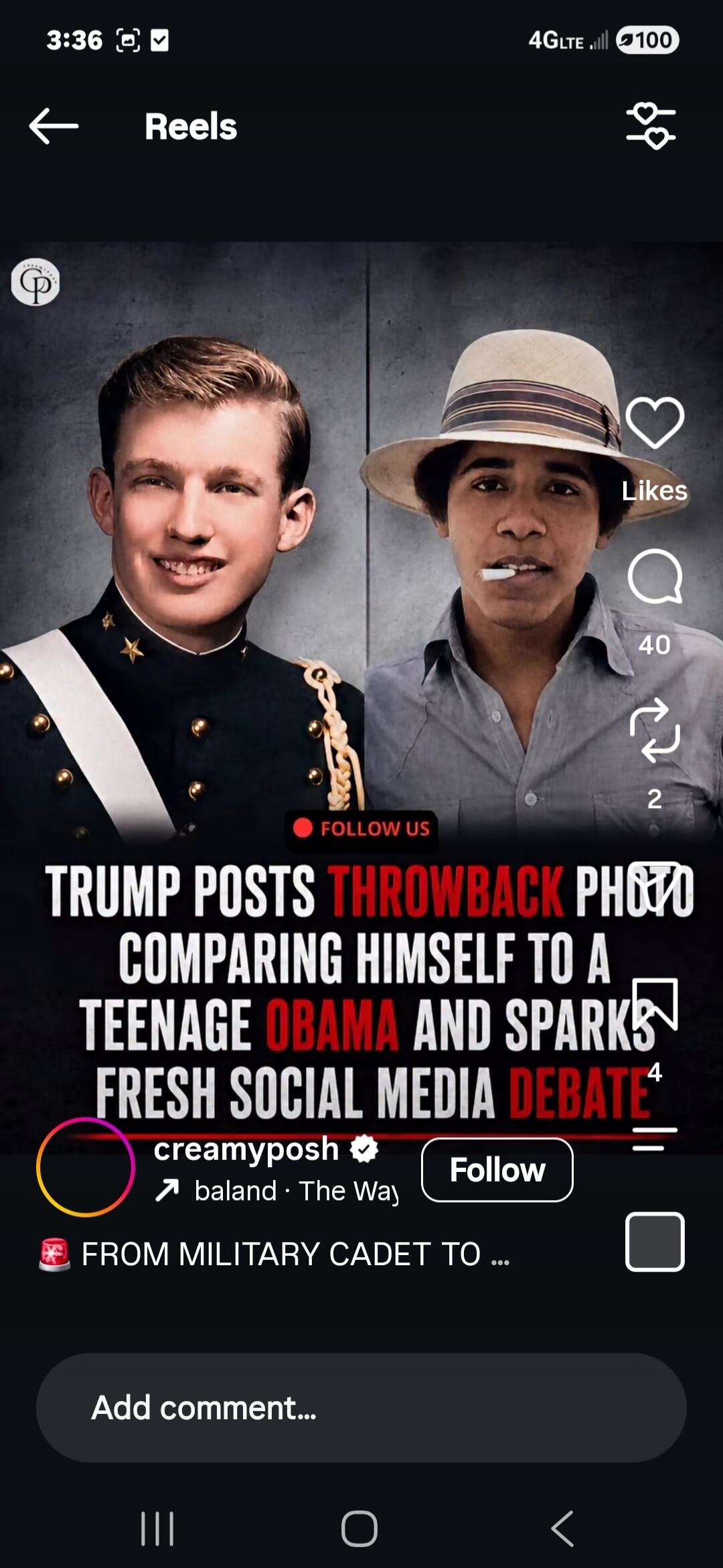 TRUMP POSTS THROWBACK PHOTO COMPARING HIMSELF TO A TEENAGE OBAMA AND SPARKS FRESH SOCIAL MEDIA DEBATE. FROM MILITARY CADET TO...