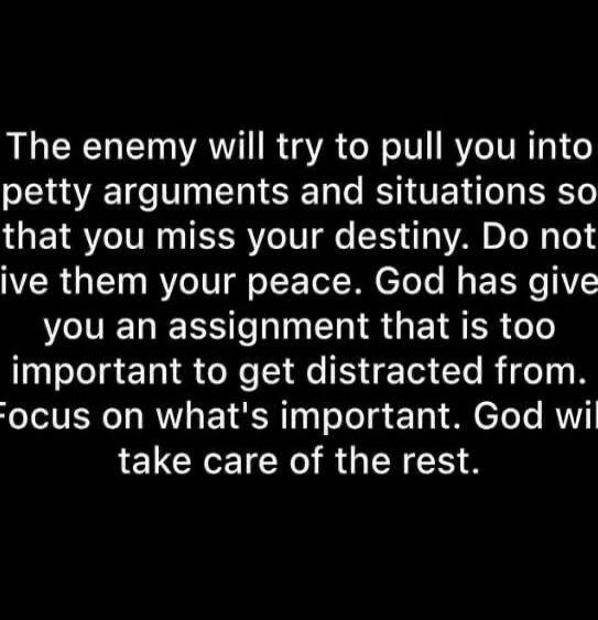 The enemy will try to pull you into petty arguments and situations so that you miss your destiny. Do not give them your peace. God has given you an assignment that is too important to get distracted from. Focus on what's important. God will take care of the rest.