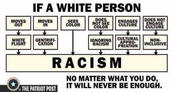 IF A WHITE PERSON MOVES OUT MOVES IN SEES COLOR DOES NOT SEE COLOR ENGAGES CULTURE DOES NOT ENGAGE CULTURE WHITE FLIGHT GENTRIFICATION RACISM NO MATTER WHAT YOU DO, IT WILL NEVER BE ENOUGH.