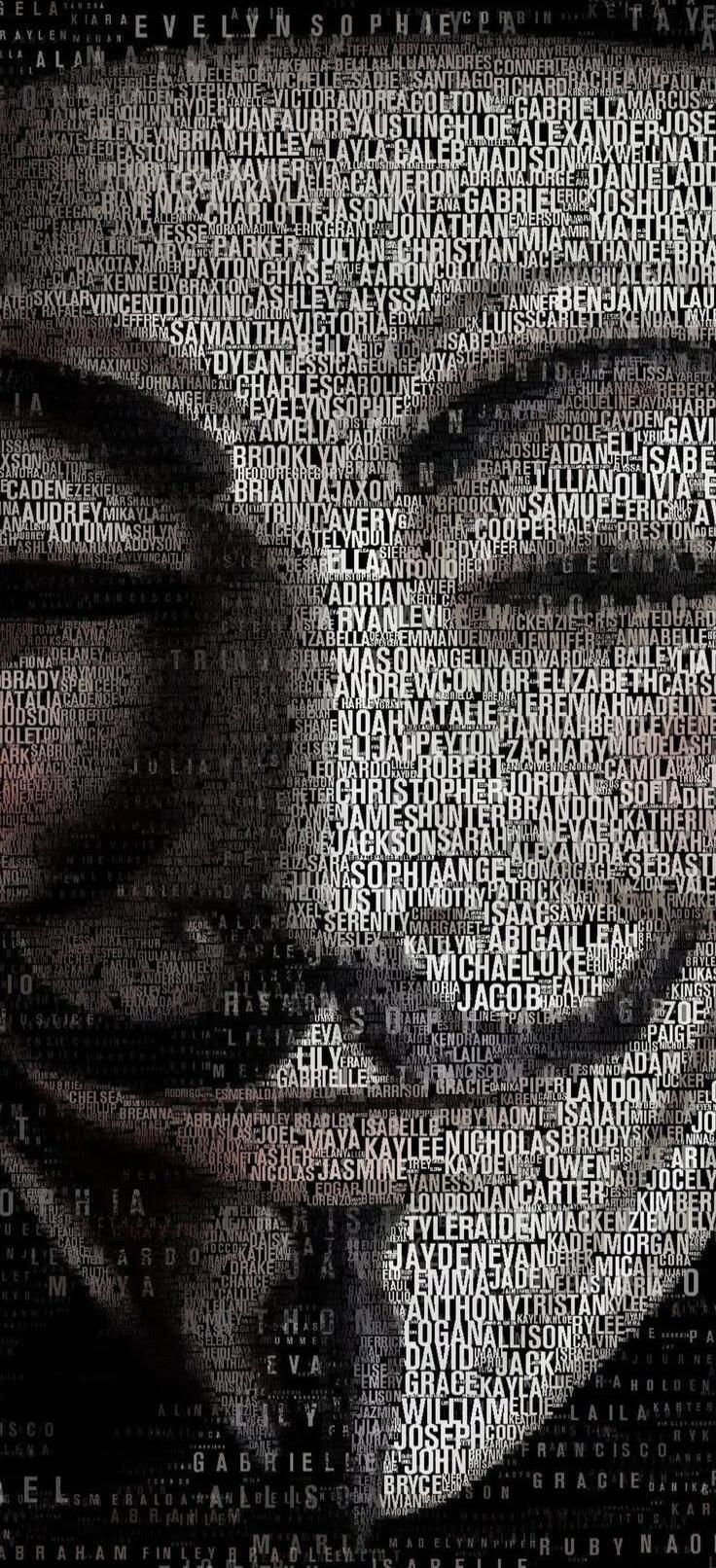 A grayscale skull image created from dense small white text characters forming a portrait-like silhouette. The entire skull is composed of numerous names/words in a repetitive typographic mosaic.