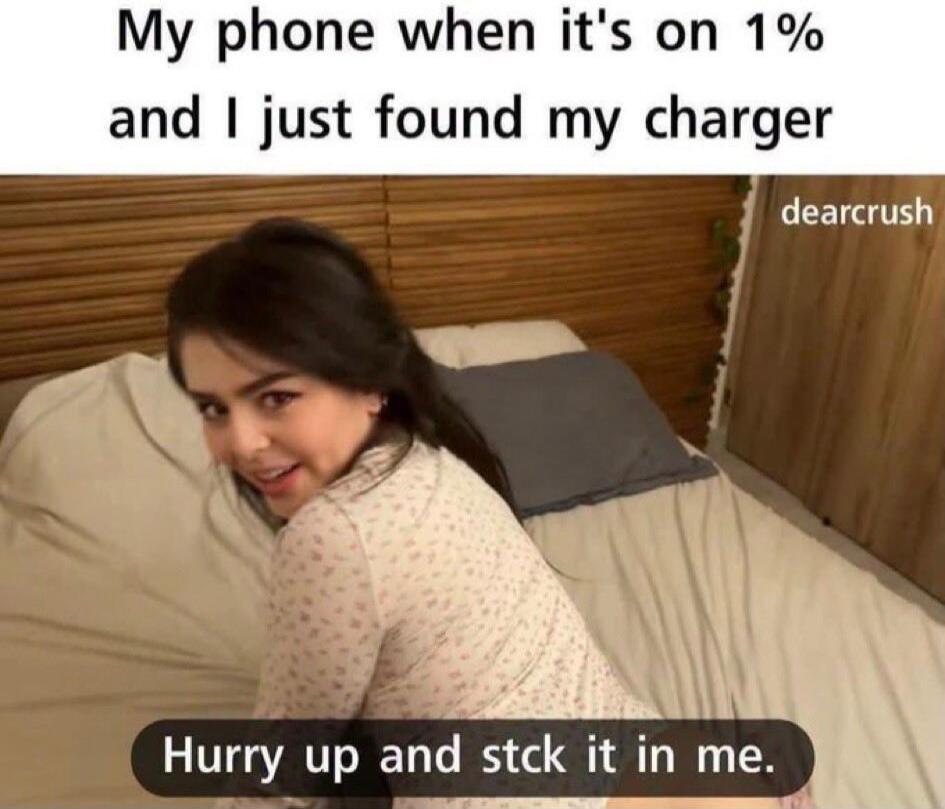 My phone when it's on 1% and I just found my charger. Hurry up and stick it in me.