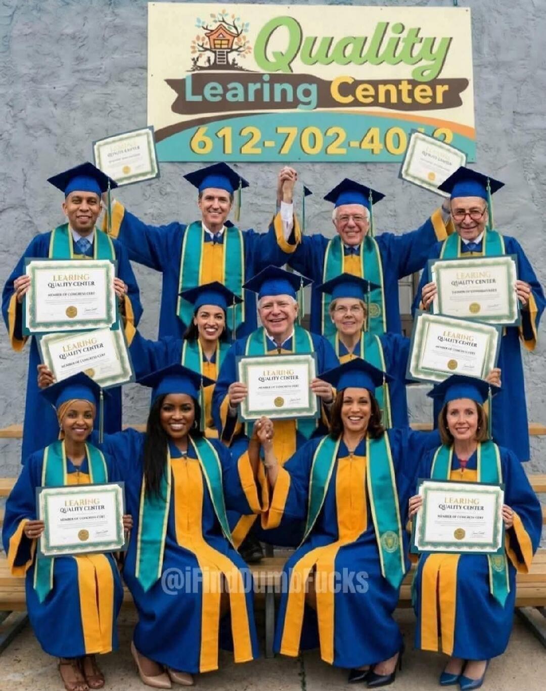 Quality Learning Center
612-702-40?
Group of graduates in blue and yellow gowns holding certificates