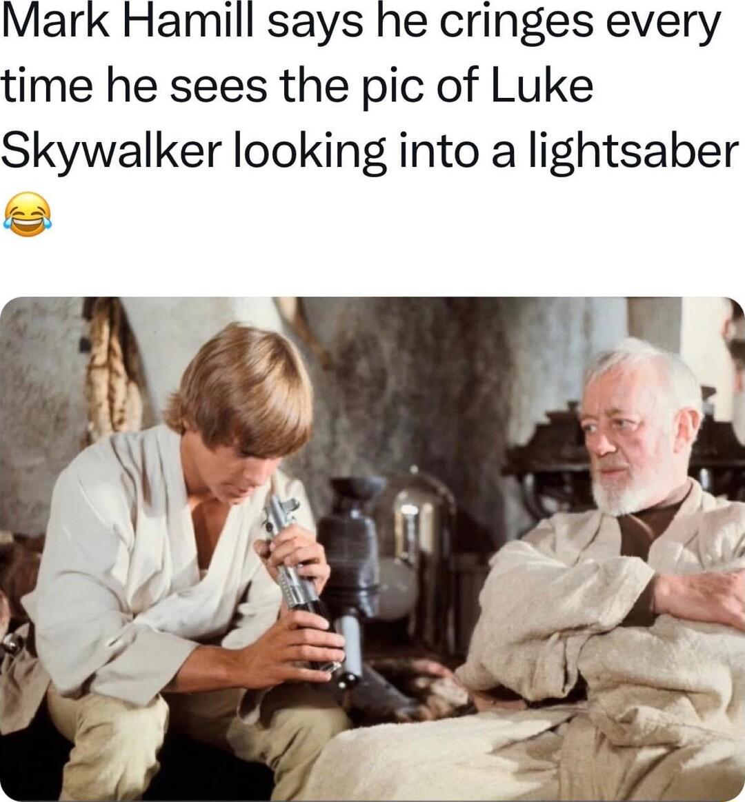Mark Hamill says he cringes every time he sees the pic of Luke Skywalker looking into a lightsaber 1