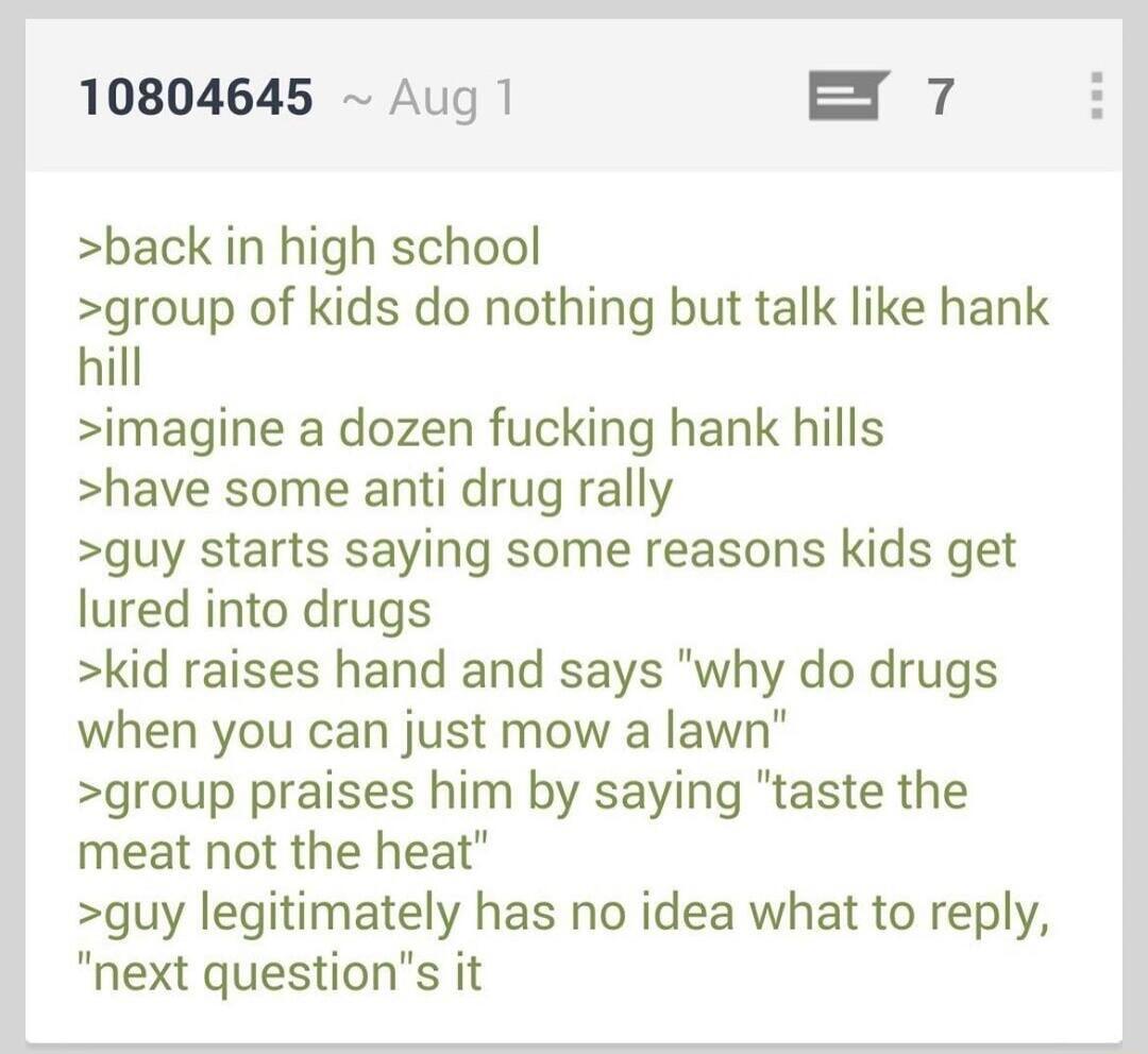 10804645 Aug B 7 back in high school group of kids do nothing but talk like hank hill imagine a dozen fucking hank hills have some anti drug rally guy starts saying some reasons kids get lured into drugs kid raises hand and says why do drugs when you can just mow a lawn group praises him by saying taste the meat not the heat guy legitimately has no idea what to reply next questions it