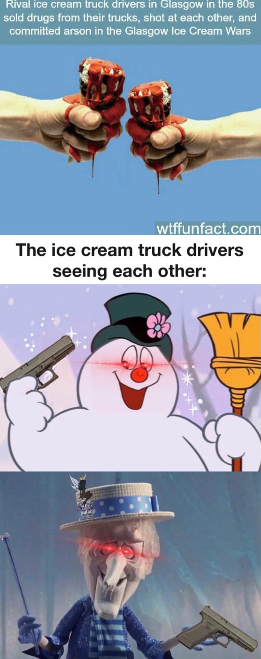 The ice cream truck drivers seeing each other