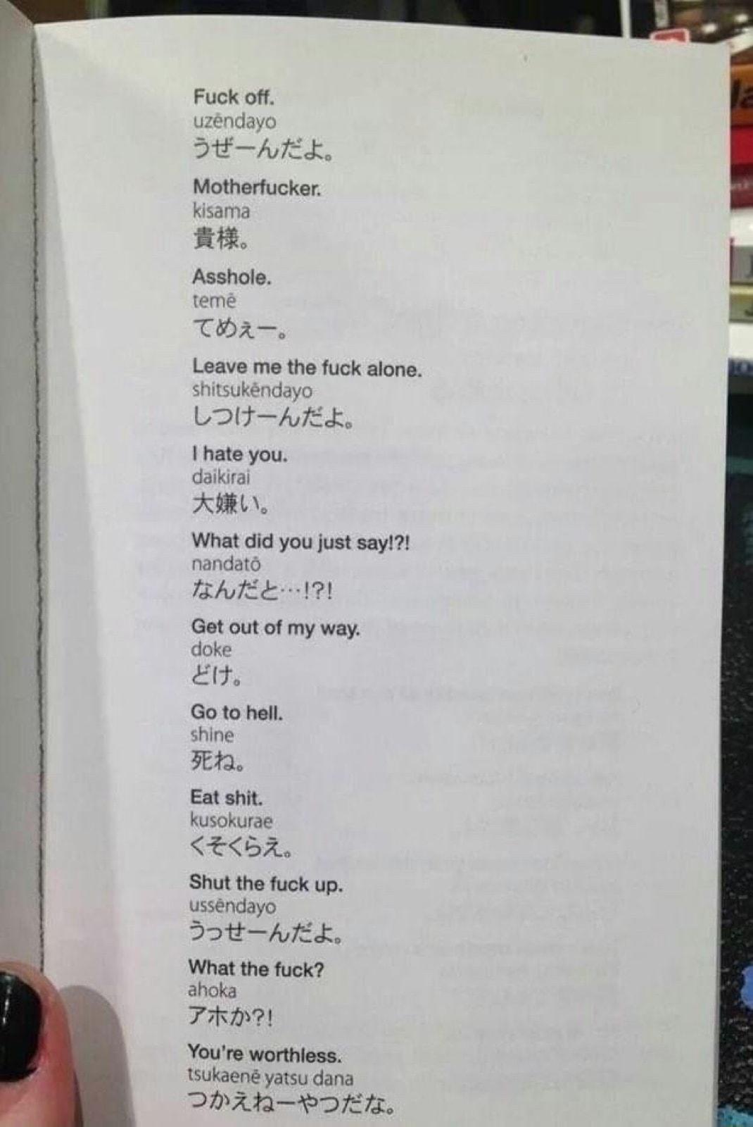 Fuck off uzndayo FEAEE Motherfucker kisama B Asshole teme THx Leave me the fuck alone shitsukndayo LD AfE L hate you daikirai RYELN What did you just say nandato TEATEE 17 Get out of my way doke Cesd p 5 Go to hell shine SR Eat shit kusokurae ELBZ Shut the fuck up ussndayo PR What the fuck ahoka TiRm Youre worthless tsukaen yatsu dana PMARPDIEL