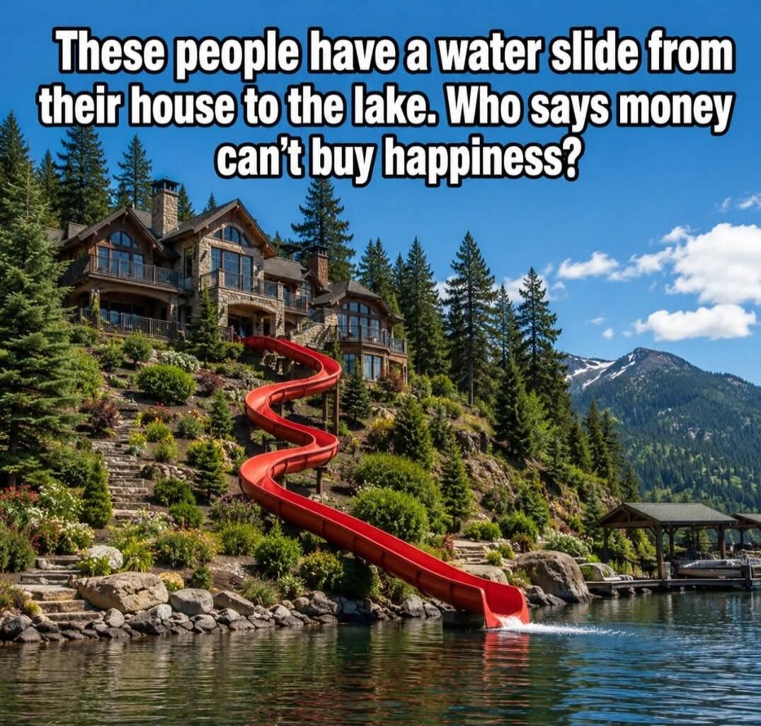 These people have a water slide from their house to the lake. Who says money can't buy happiness?