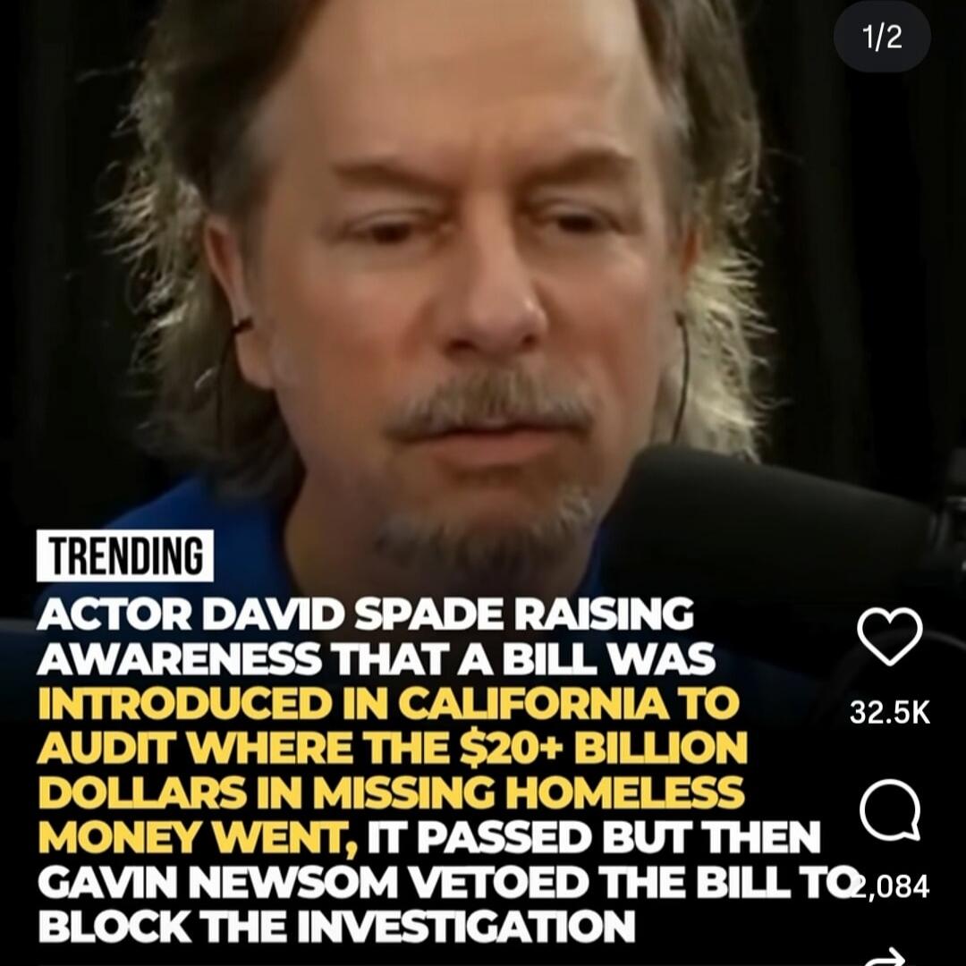 TRENDING ACTOR DAVID SPADE RAISING AWARENESS THAT A BILL WAS INTRODUCED IN CALIFORNIA TO AUDIT WHERE THE $20+ BILLION DOLLARS IN MISSING HOMELESS MONEY WENT, IT PASSED BUT THEN GAVIN NEWSOM VETOED THE BILL TO BLOCK THE INVESTIGATION