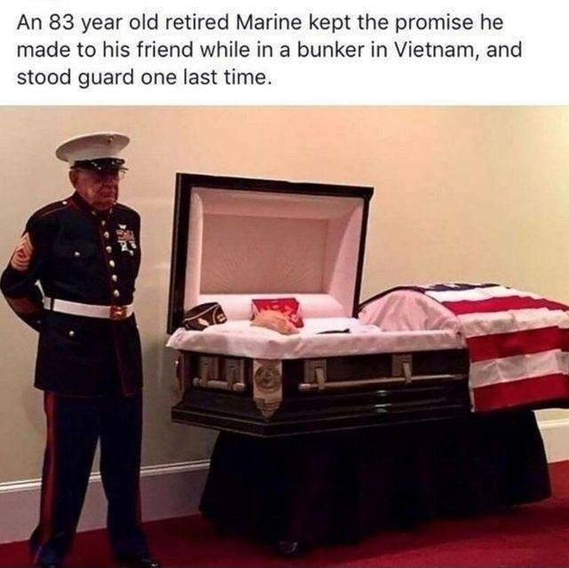 An 83 year old retired Marine kept the promise he made to his friend while in a bunker in Vietnam and stood guard one last time