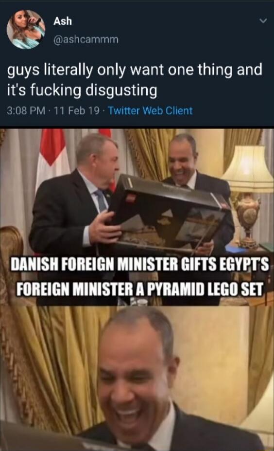 guys literally only want one thing and it's fucking disgusting

DANISH FOREIGN MINISTER GIFTS EGYPTS FOREIGN MINISTER A PYRAMID LEGO SET