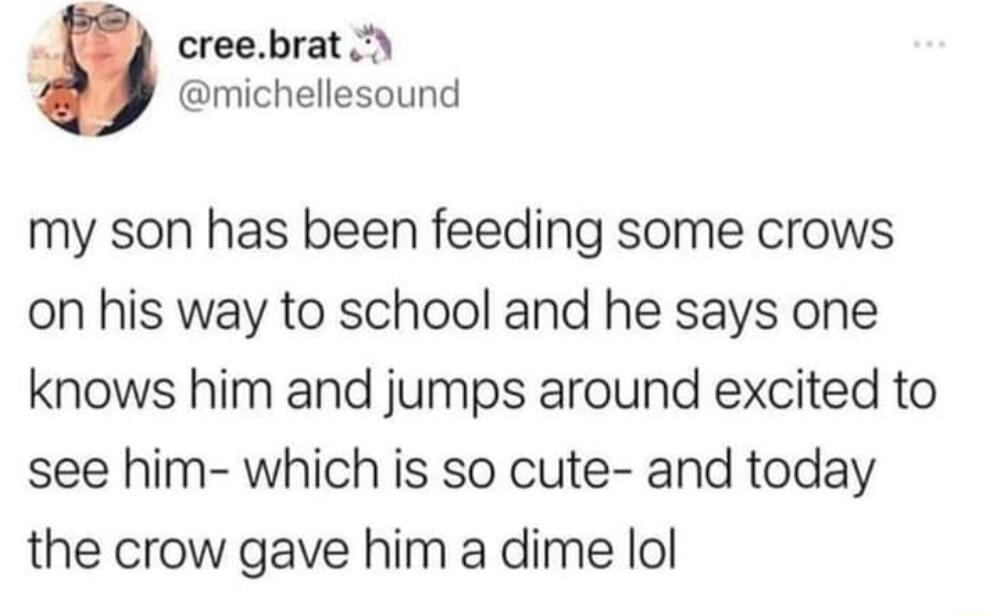 creebrat michellesound my son has been feeding some crows on his way to school and he says one knows him and jumps around excited to see him which is so cute and today the crow gave him a dime lol