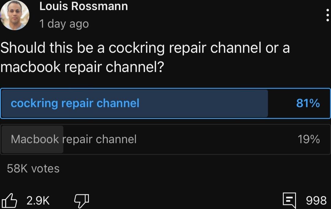 Louis Rossmann 1 day ago Should this be a cockring repair channel or a macbook repair channel E D Macbook repair channel 19 58K votes 5 29k GP E 998