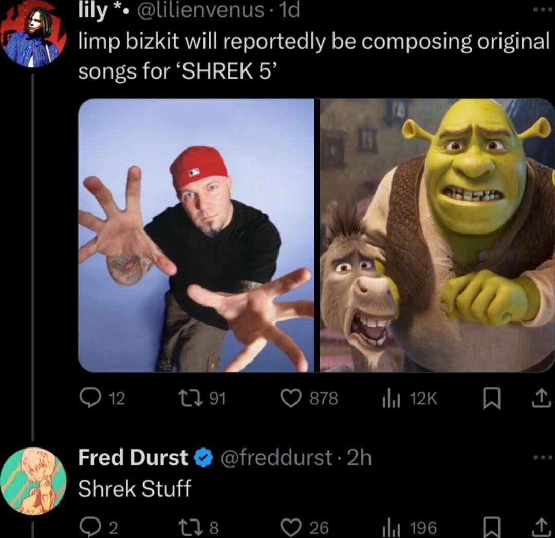 hly e lilienvenus 1d limp bizkit will reportedly be composing original songs for SHREK 5 Fred Durst freddurst 2h Shrek Stuff
