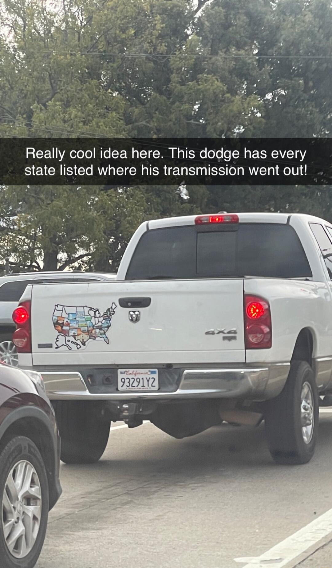 Really cool idea here This dodge has every state listed where his transmission went out