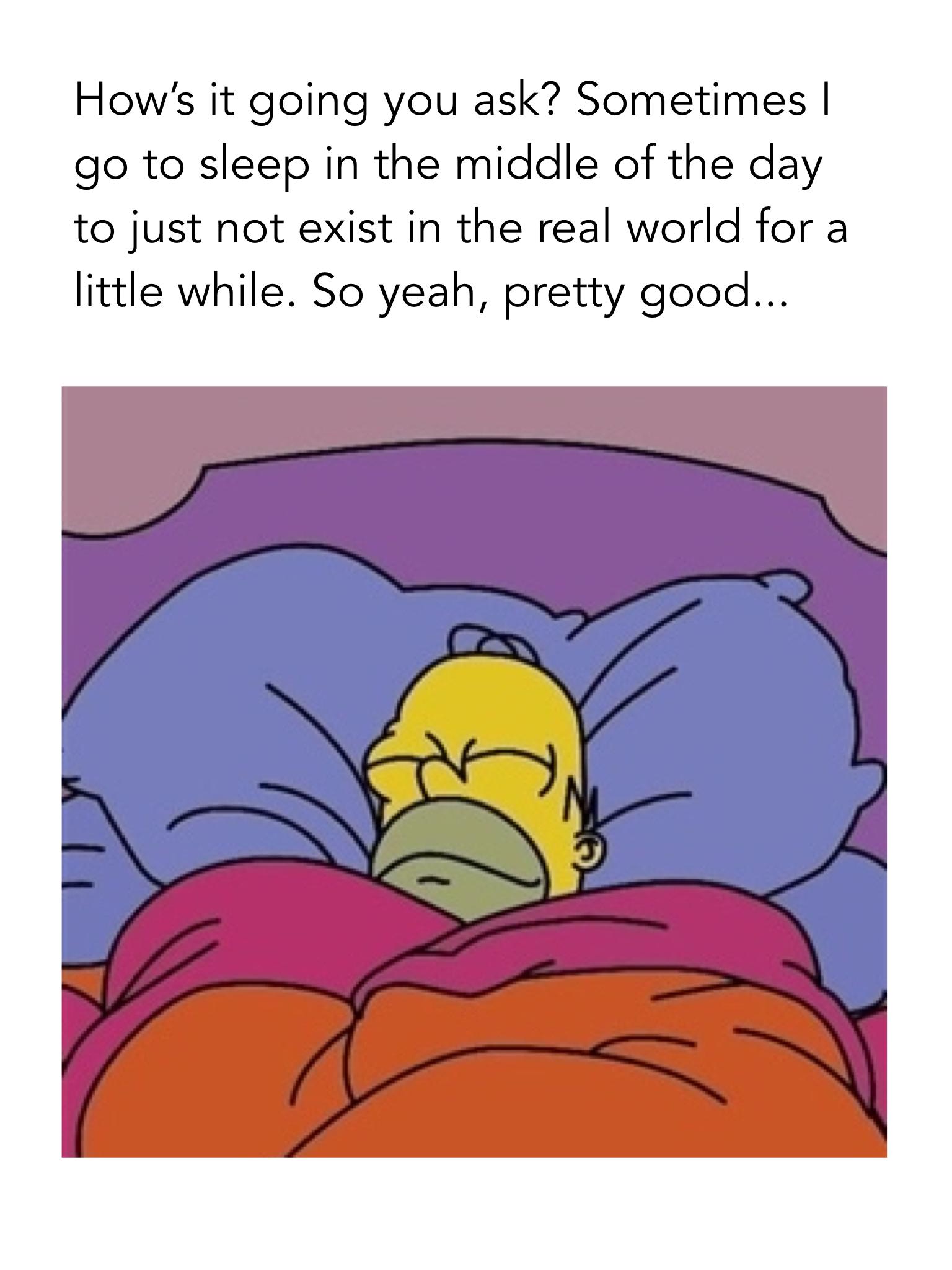 Hows it going you ask Sometimes go to sleep in the middle of the day to just not exist in the real world for a little while So yeah pretty good