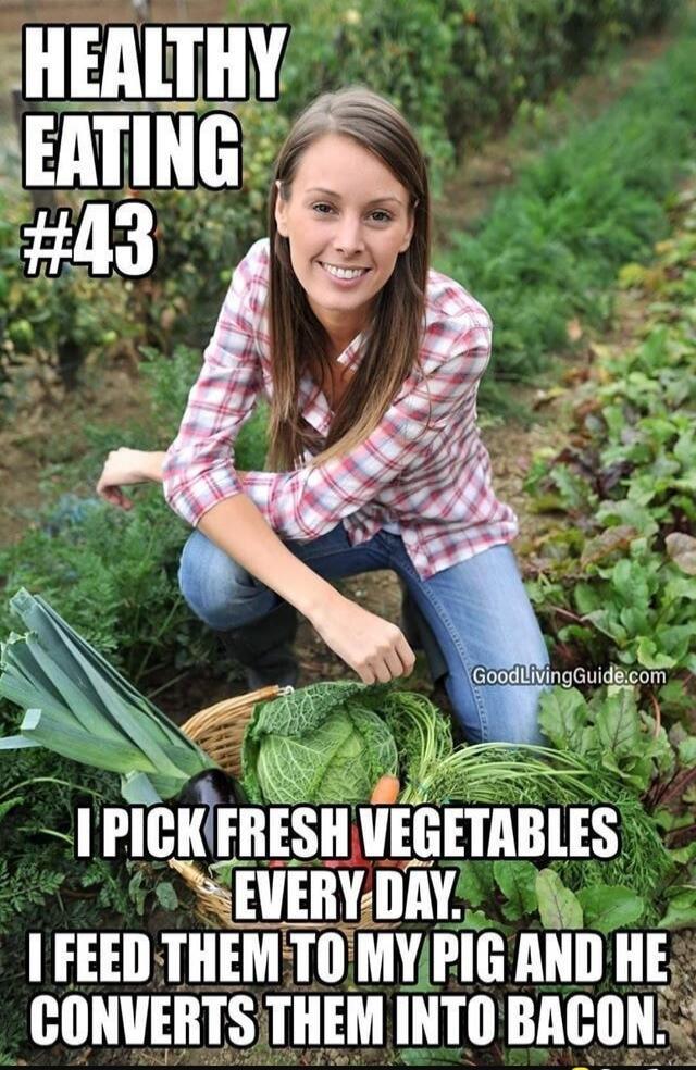 HEALTHY EATING #43 I PICK FRESH VEGETABLES EVERY DAY. I FEED THEM TO MY PIG AND HE CONVERTS THEM INTO BACON.