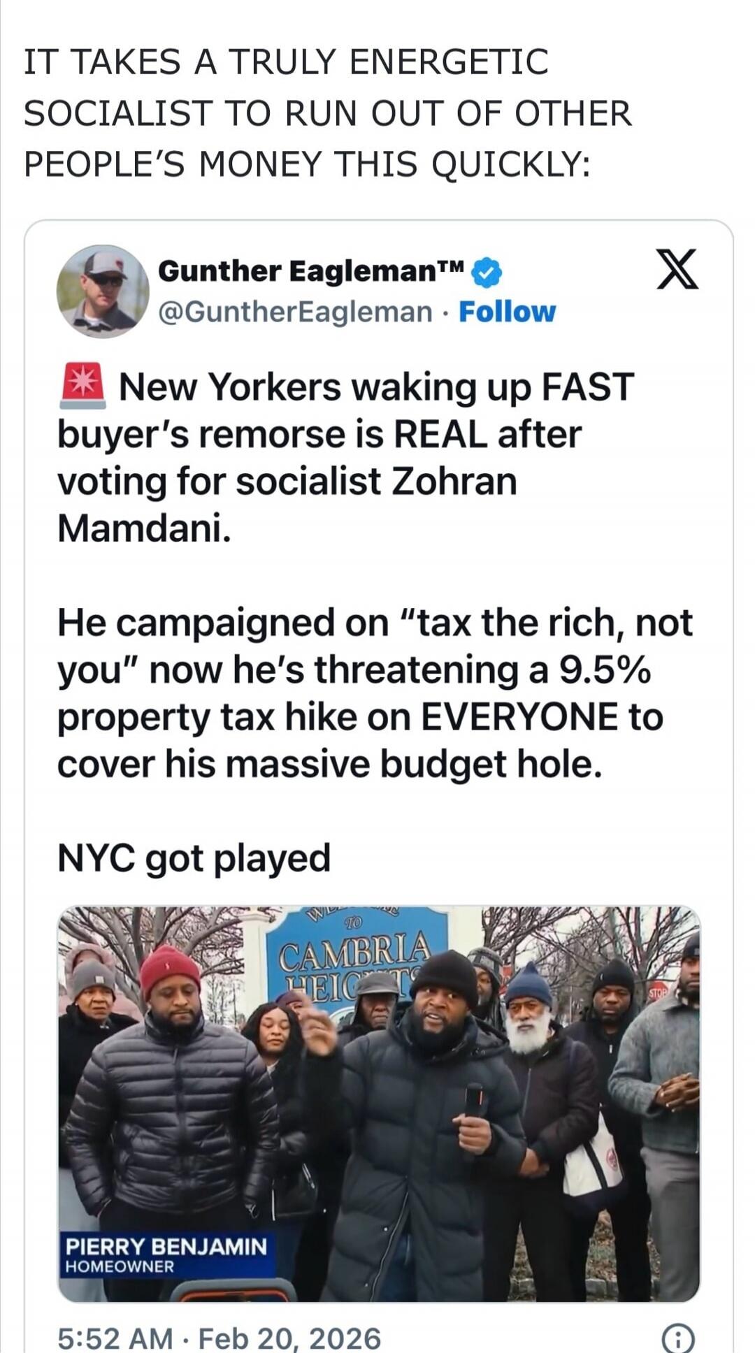 IT TAKES A TRULY ENERGETIC SOCIALIST TO RUN OUT OF OTHER PEOPLE'S MONEY THIS QUICKLY:
Gunther Eagleman™
@GuntherEagleman Follow
New Yorkers waking up FAST buyer's remorse is REAL after voting for socialist Zohran Mamdani.
He campaigned on 