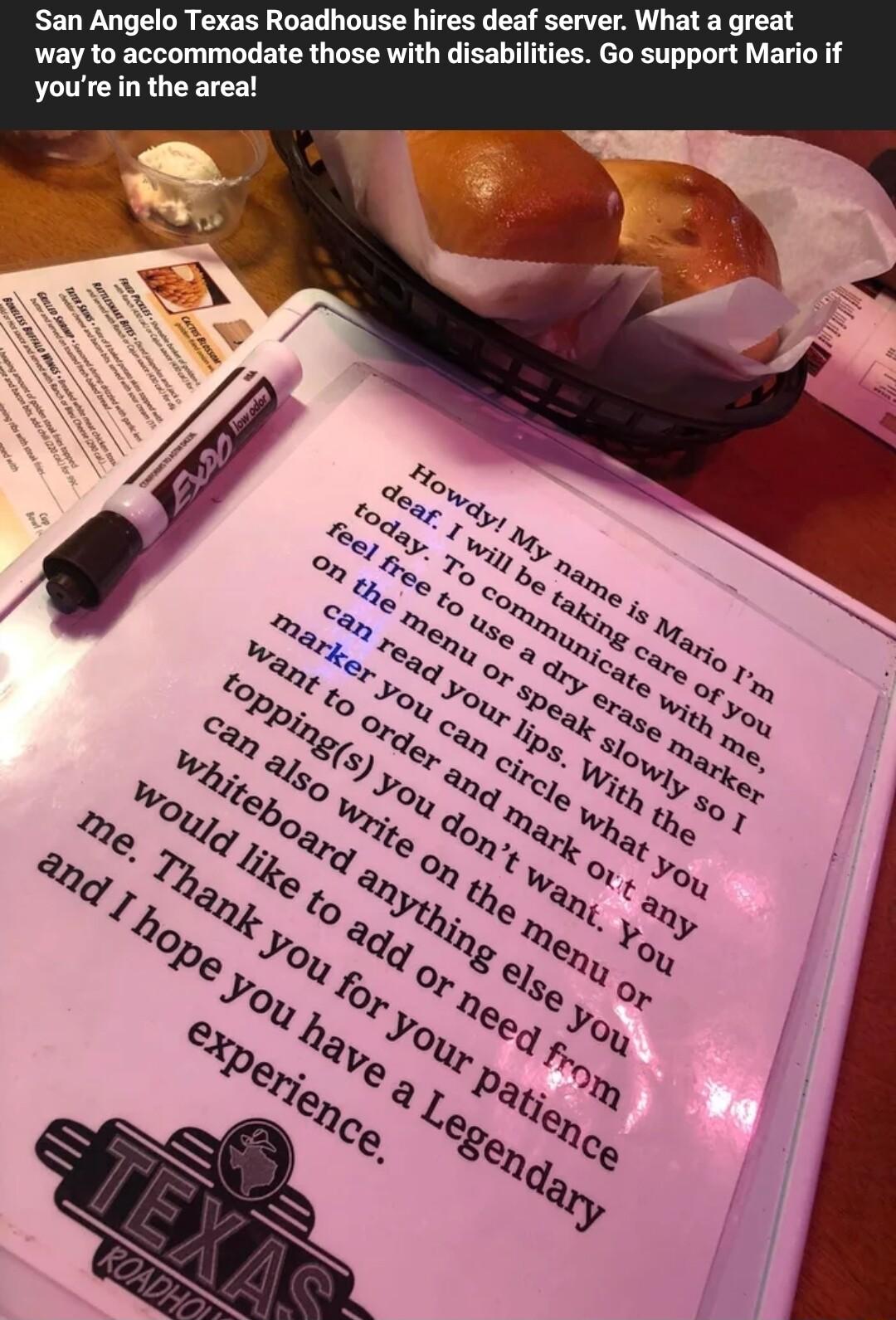 San Angelo Texas Roadhouse hires deaf server What a great way to accommodate those with disabilities Go support Mario if