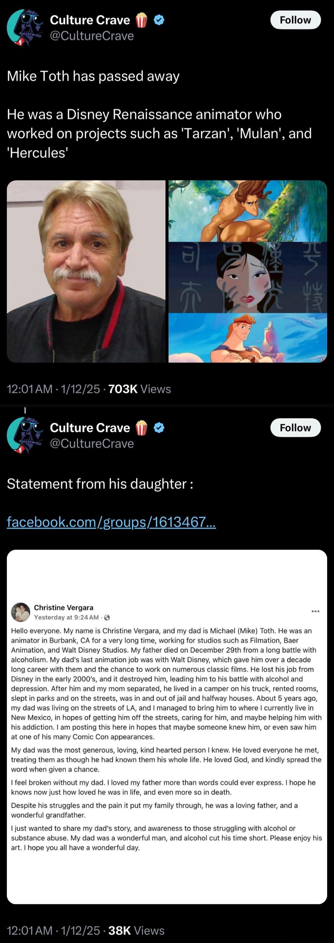 Culture Crave otiow Culture LCRE G E BN N He was a Disney Renaissance animator who worked on projects such as Tarzan Mulan and Hercules 1201AM 11225 703K Views Culture Crave A DCultureCre the paintput my amily throughhe was PEQVAVRRVEPIPIEE1QY