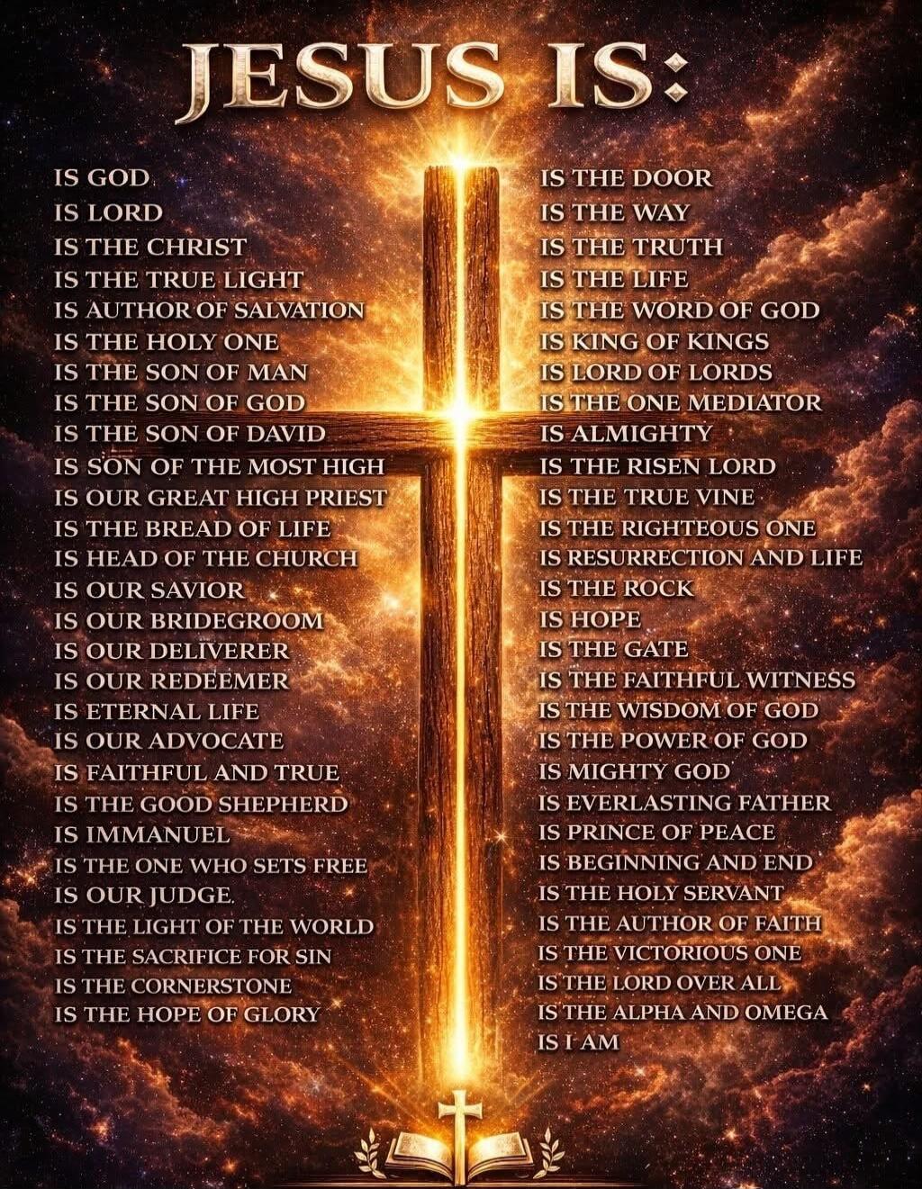 JESUS IS: IS GOD IS LORD IS THE CHRIST IS THE TRUE LIGHT IS AUTHOR OF SALVATION IS THE HOLY ONE IS THE SON OF MAN IS THE SON OF GOD IS THE SON OF DAVID IS SON OF THE MOST HIGH IS OUR GREAT HIGH PRIEST IS THE BREAD OF LIFE IS HEAD OF THE CHURCH IS OUR SAVIOR IS OUR BRIDEGROOM IS OUR DELIVERER IS OUR REDEEMER IS ETERNAL LIFE IS OUR ADVOCATE IS FAITHF